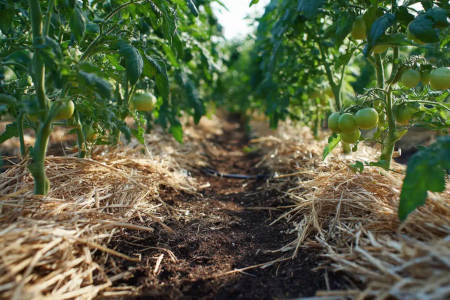 Paillage tomates dans un potager